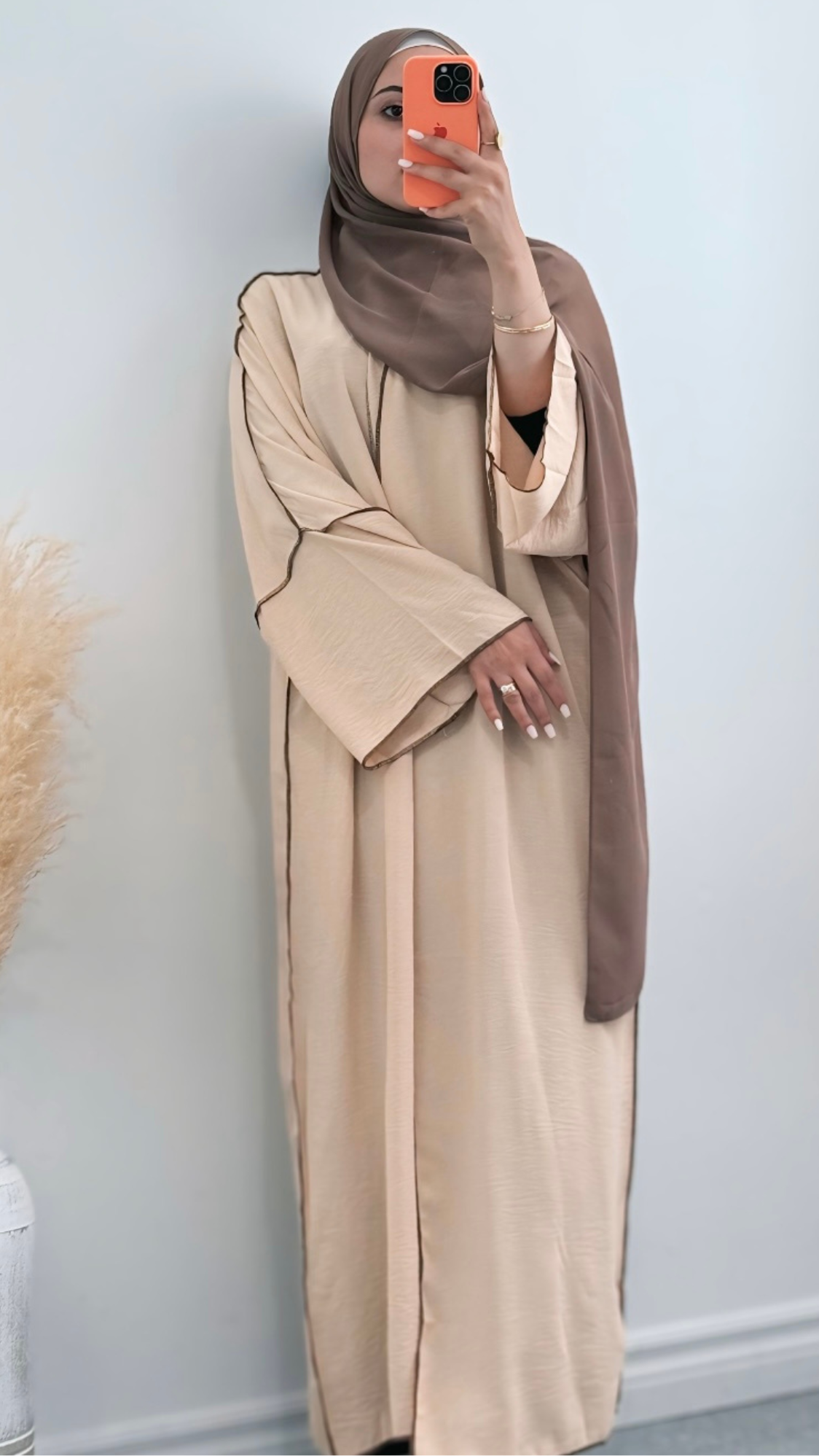 Beige Premium Textured Abaya, soft and breathable with a lightweight, front-open design for effortless style and modest comfort