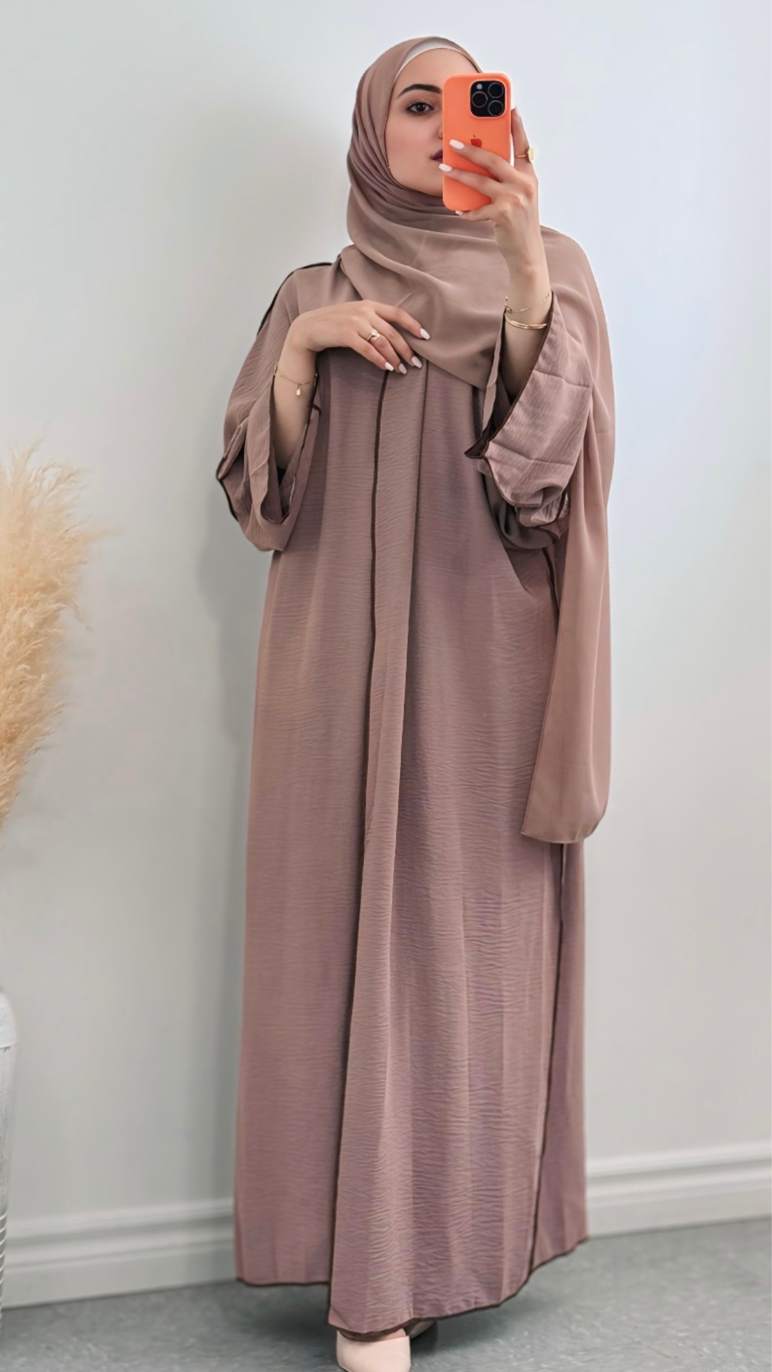 Coffee Premium Textured Abaya, soft and breathable with a lightweight, front-open design for effortless style and modest comfort