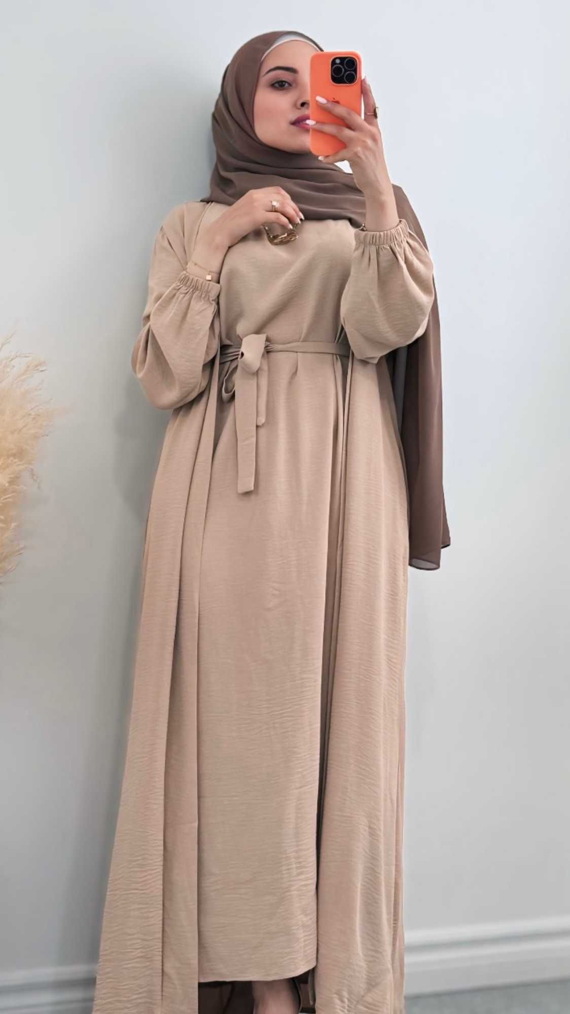 Beige Luxury Linen Abaya Set with inner dress, lightweight and breathable with a seamless, front-open design for elegant, modest fashion.
