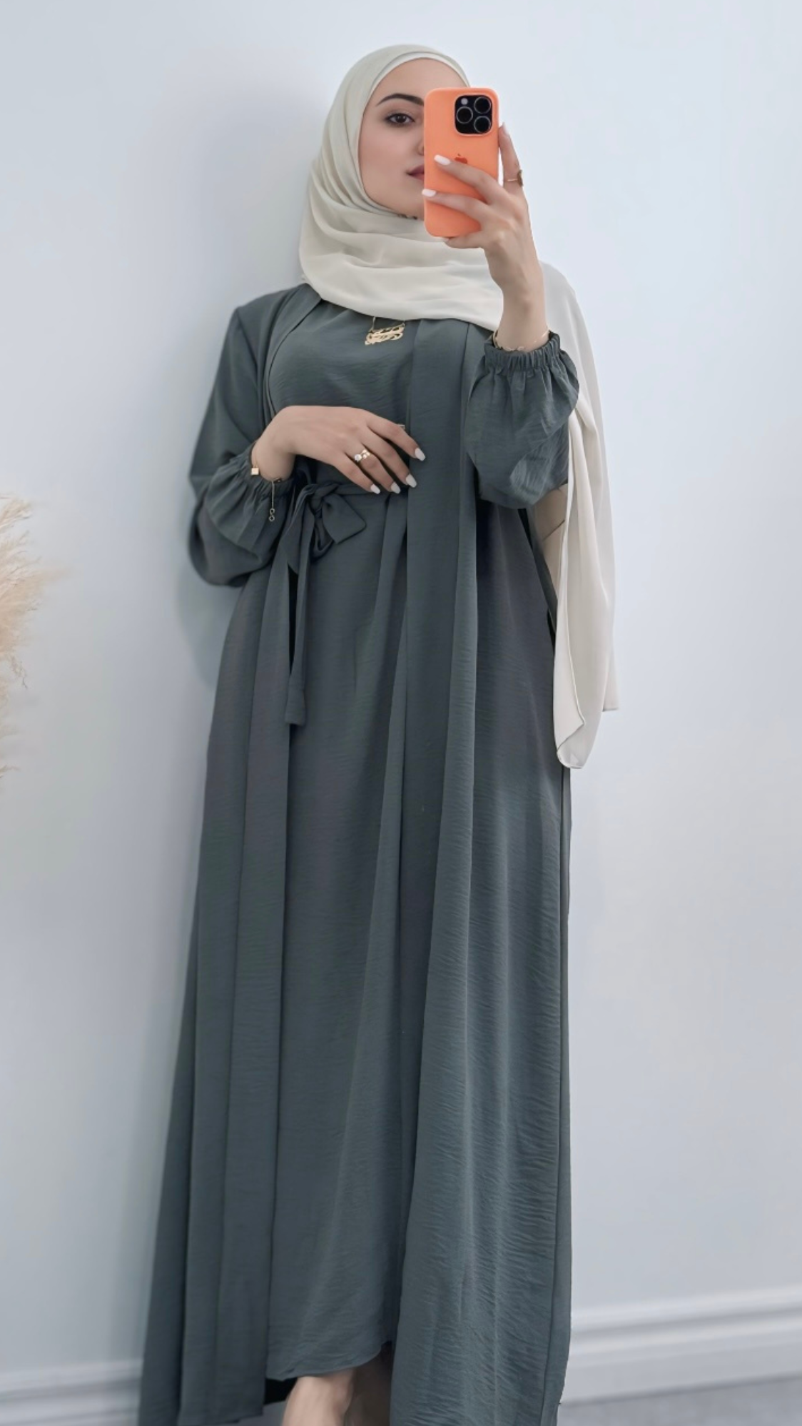 Grey Luxury Linen Abaya Set with inner dress, lightweight and breathable with a seamless, front-open design for elegant, modest fashion.