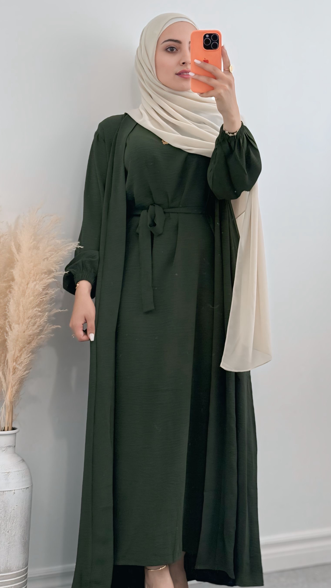 Olive Luxury Linen Abaya Set with inner dress, lightweight and breathable with a seamless, front-open design for elegant, modest fashion.