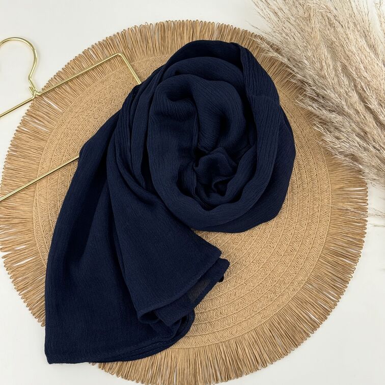 Rayon Crinkle Hijab in Navy, soft and breathable with a lightweight drape, perfect for all-day comfort and versatile styling.