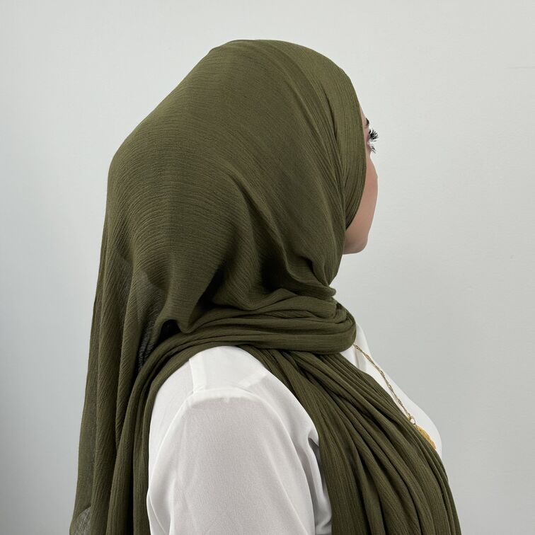 Rayon Crinkle Hijab in Olive, soft and breathable with a lightweight drape, perfect for all-day comfort and versatile styling.