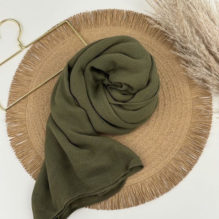 Rayon Crinkle Hijab in Olive, soft and breathable with a lightweight drape, perfect for all-day comfort and versatile styling.