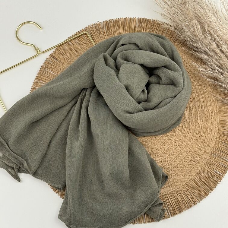 Rayon Crinkle Hijab in Dark Khaki, soft and breathable with a lightweight drape, perfect for all-day comfort and versatile styling.