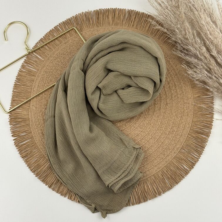 Rayon Crinkle Hijab in Pale Golderod, soft and breathable with a lightweight drape, perfect for all-day comfort and versatile styling.