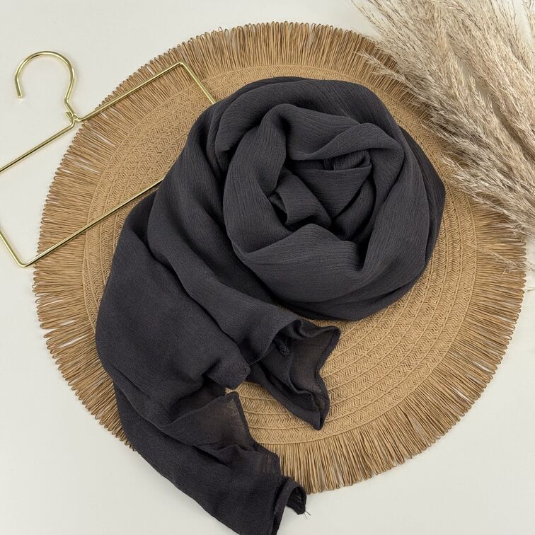 Rayon Crinkle Hijab in Dark Grey, soft and breathable with a lightweight drape, perfect for all-day comfort and versatile styling.