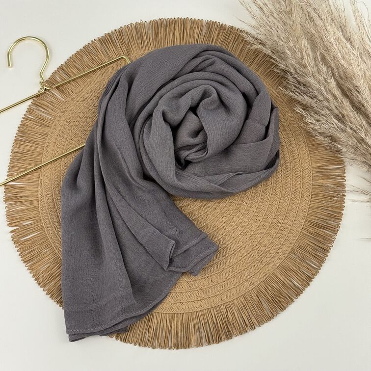 Rayon Crinkle Hijab in Suva Grey, soft and breathable with a lightweight drape, perfect for all-day comfort and versatile styling.